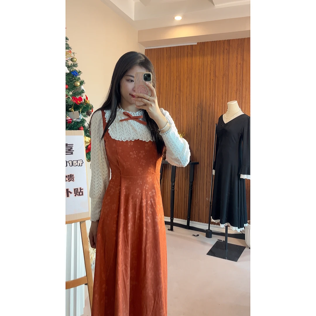 奶油南瓜 南瓜色显瘦百搭假两件秋冬百搭复古法式连衣裙