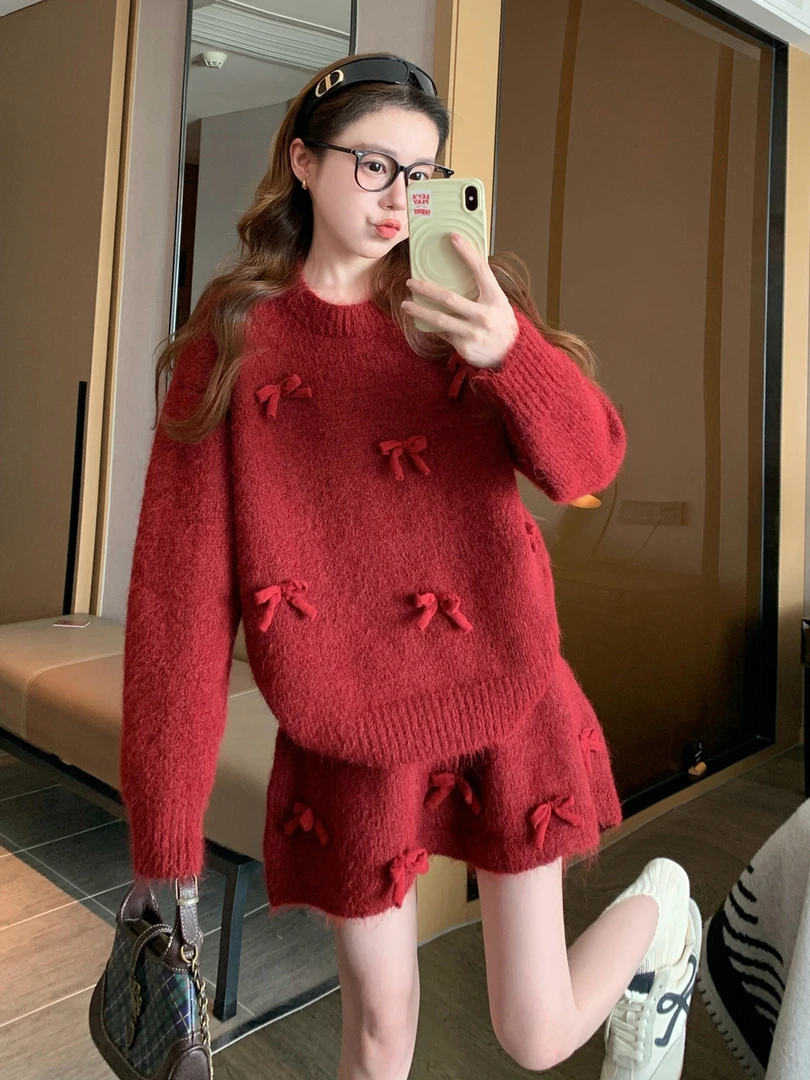 韩系一整套秋冬穿搭毛衣套装女2025新款重工蝴蝶结针织短裙两件套