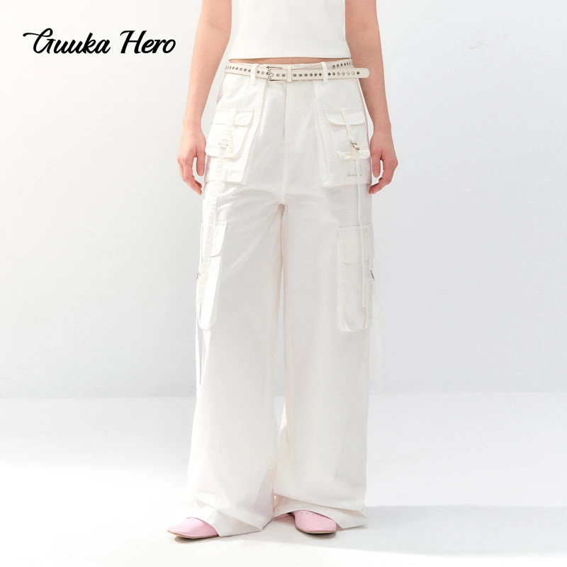 GUUKA HERO白色直筒多口袋工装裤女休闲百搭阔腿休闲拖地裤X61206