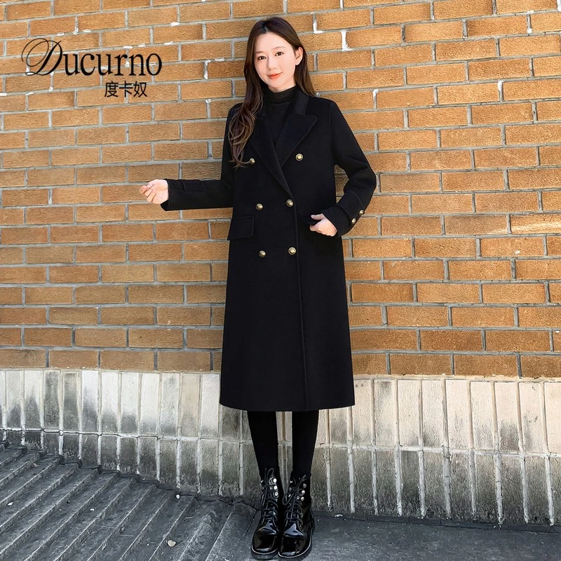黑色正肩英伦风双面大衣女中长款2025秋冬新款高级感气质毛呢外套