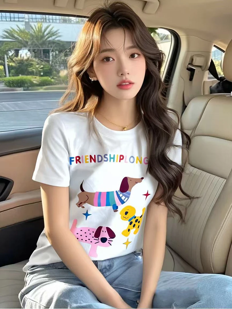 彩色小狗ys 百搭夏季短袖女显瘦印花薄台湾纱上衣6109#