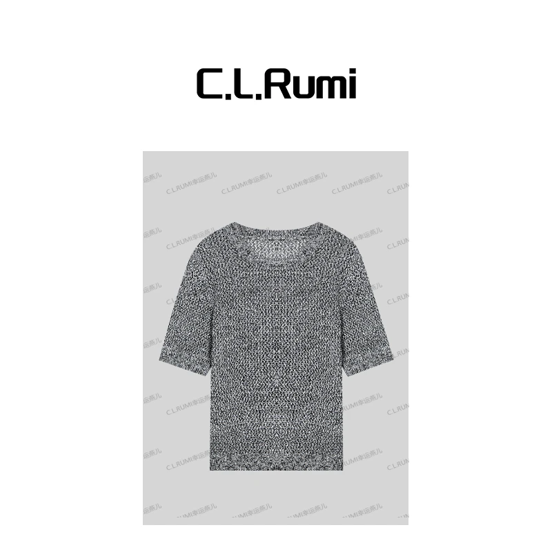 【Rumi小店】干爽“贝母灰”25夏镂空花纱棉麻圆领百搭短袖上衣6812sy