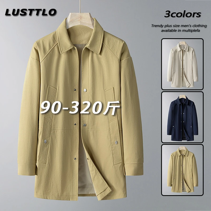 宽松显瘦大码男士中长款风衣春秋季防风保暖百搭翻领夹克加肥加大