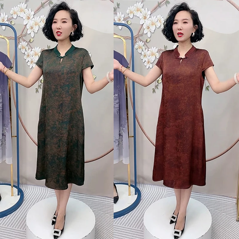 新中式一字盘扣繁花显瘦中老年改良旗袍妈妈裙阔太高端轻奢连衣裙