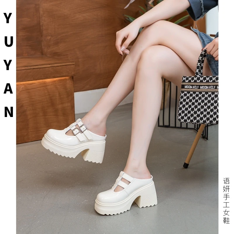 【YUYAN】10cm浅口松糕底通用高跟包头拖百搭凉鞋凉拖半拖复古女鞋