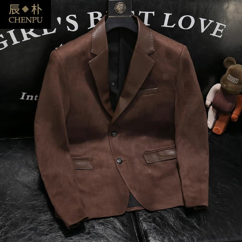 春秋麂皮绒设计感西装男2025新款痞帅潮牌高级感拼皮修身西服外套