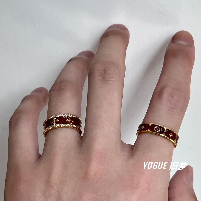 合金戒指 克罗老花酒红金色复古开口戒指小众设计轻奢指环双11ins