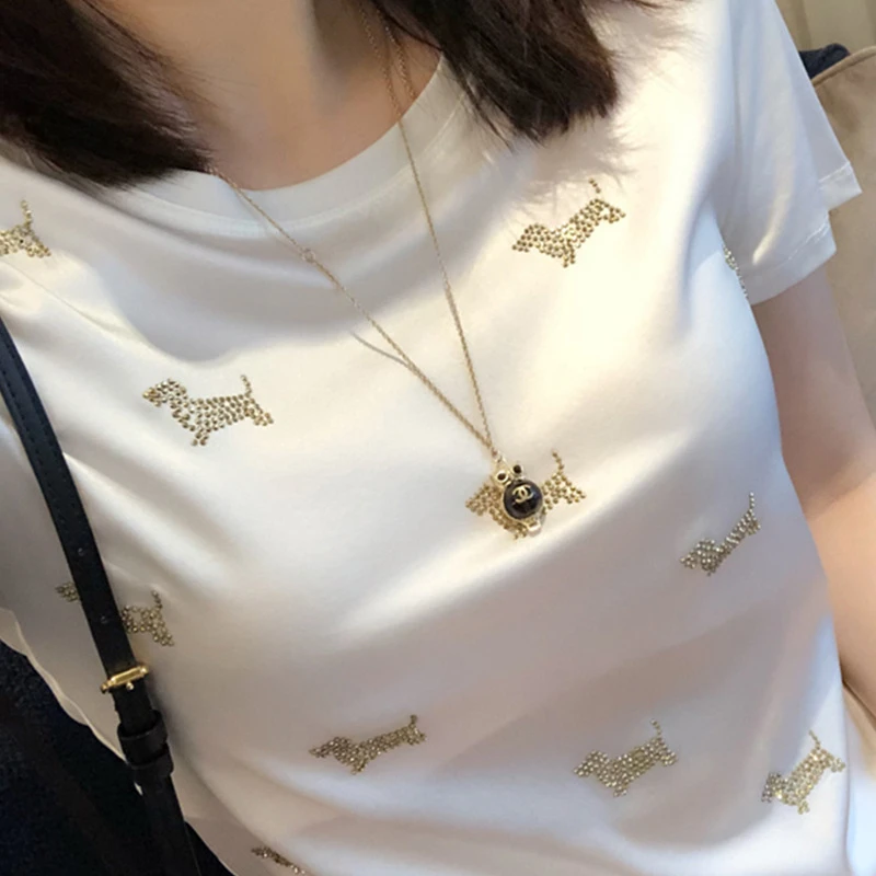 短袖t恤宽松女装25新款港风简约纯色烫钻韩版休闲上衣6076