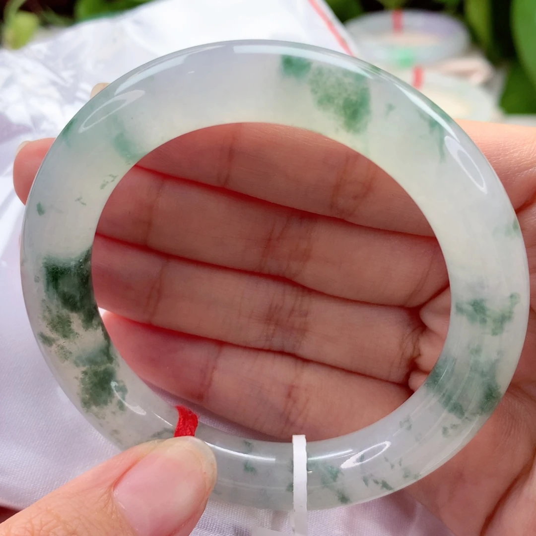 未镶嵌手镯（圆镯）翡翠白冰绿花 灵动飘逸 性价比高 喵喵