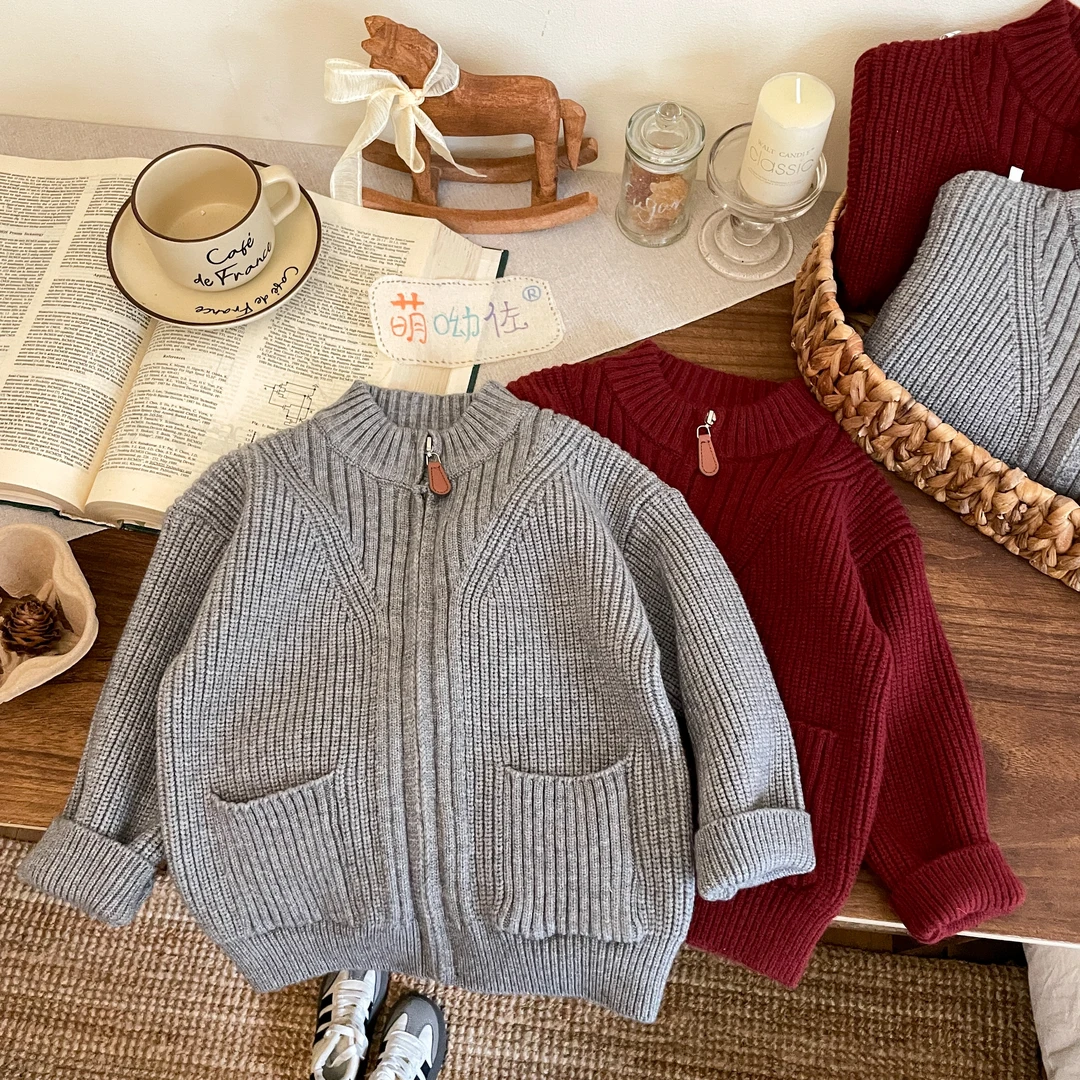 韩系男童立领毛衣秋冬季年新款慵懒风宽松韩版拉链针织衫外套上衣