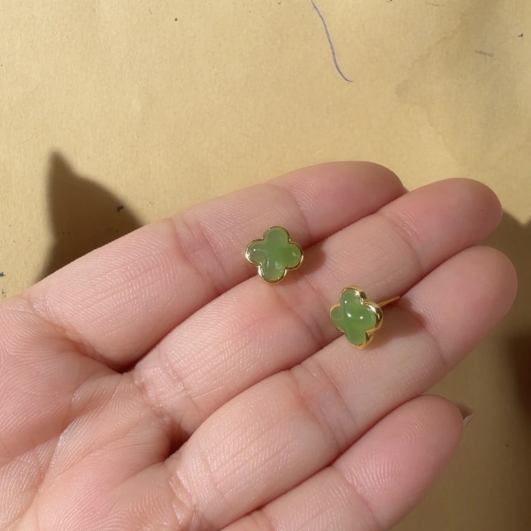 和田玉（碧玉）银S925镀金镶嵌耳饰