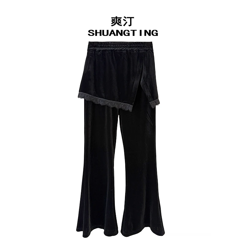 Jokara/丘可儿【碧玉亭】中式复古假两件丝绒弹力高腰微辣显瘦长裤