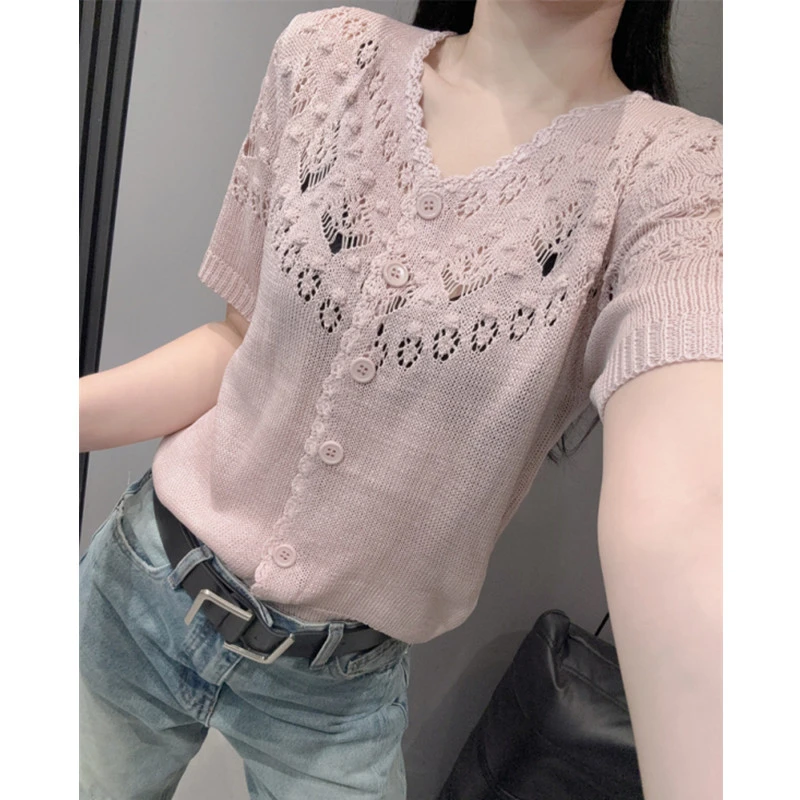 菱形镂空V领短袖女针织衫洋气百搭宽松叠穿罩衫纽扣开衫上衣夏季