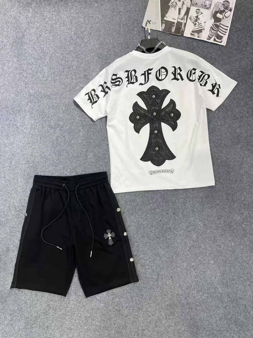 11096-12007#潮牌拼皮铆钉十字重工袖T恤潮宽松韩版落肩半袖t恤