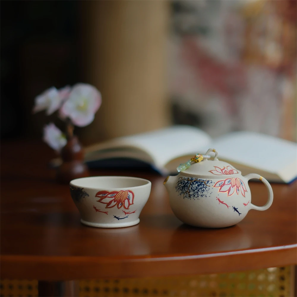 大碗茶器 描金荷花宜兴原矿手绘白段紫砂壶茶杯套组杯80c壶150c