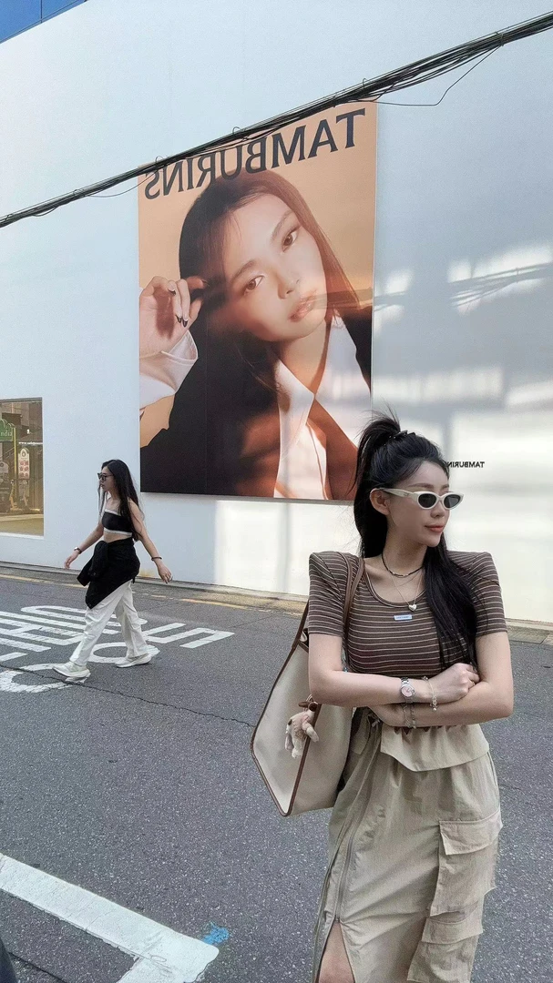 LIN-泡菜定制【暮色信封】咖条纹短袖T➕卡其色工装裙