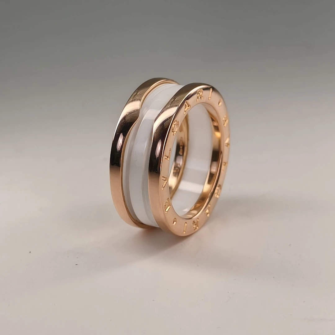 99新 BVLGARI/宝格丽 -0.99小花柳 白陶瓷玫瑰金弹簧戒指 三圈 53