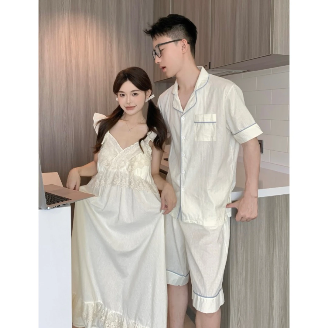 宫廷风甜美蕾丝带胸垫吊带情侣睡衣夏季长款睡裙女家居服男士套装