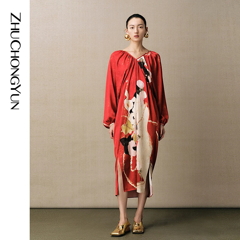 ZHUCHONGYUN2024夏V领花苞型新中式印花连衣裙