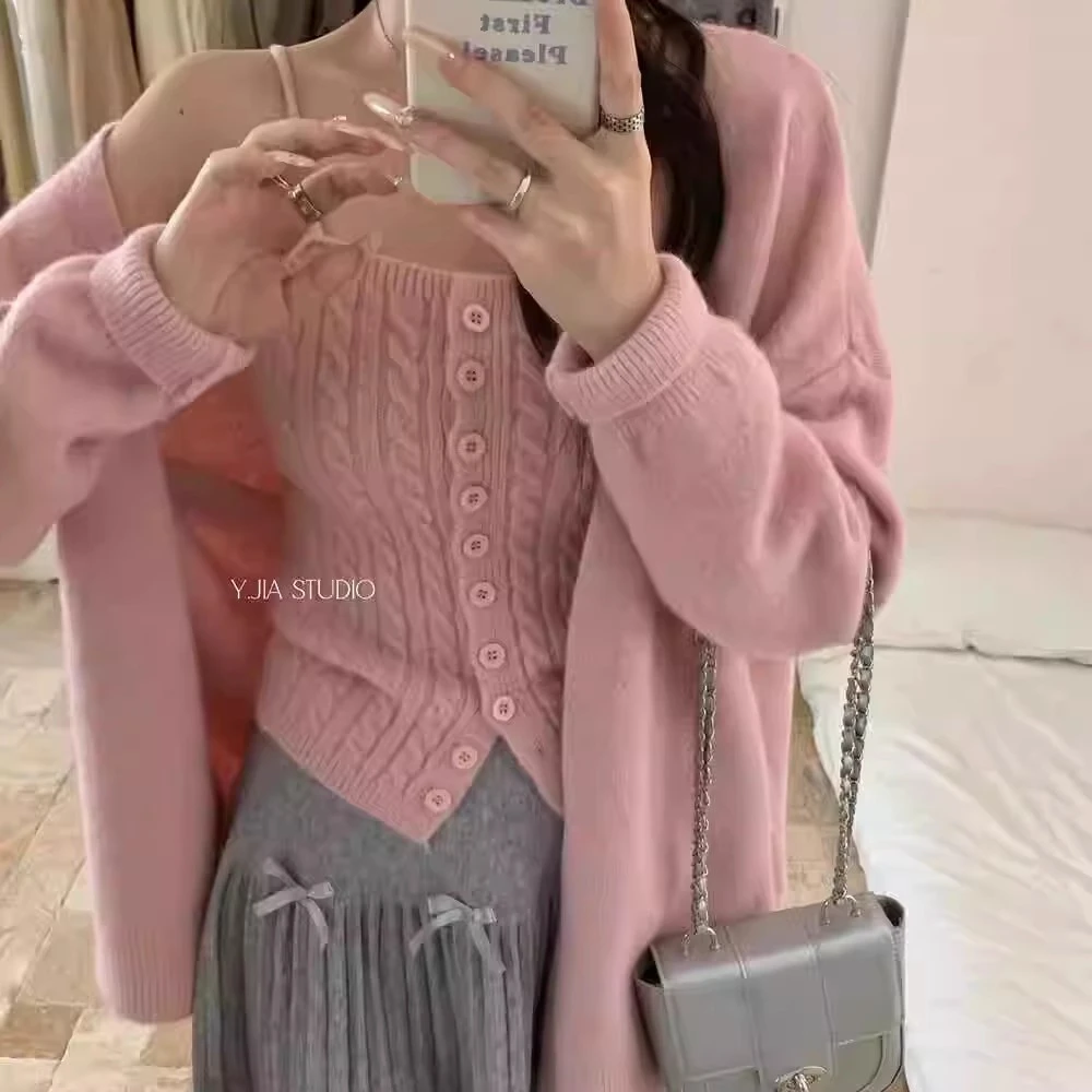 秋装新款韩版气质单排扣麻花纹背心+宽松长袖针织毛衣开衫两件套