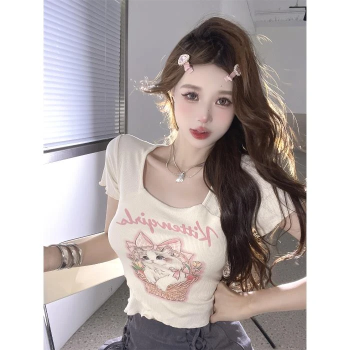 甜辣妹猫咪印花方领短款t恤女夏季修身显瘦正肩短辣重工钻领显瘦