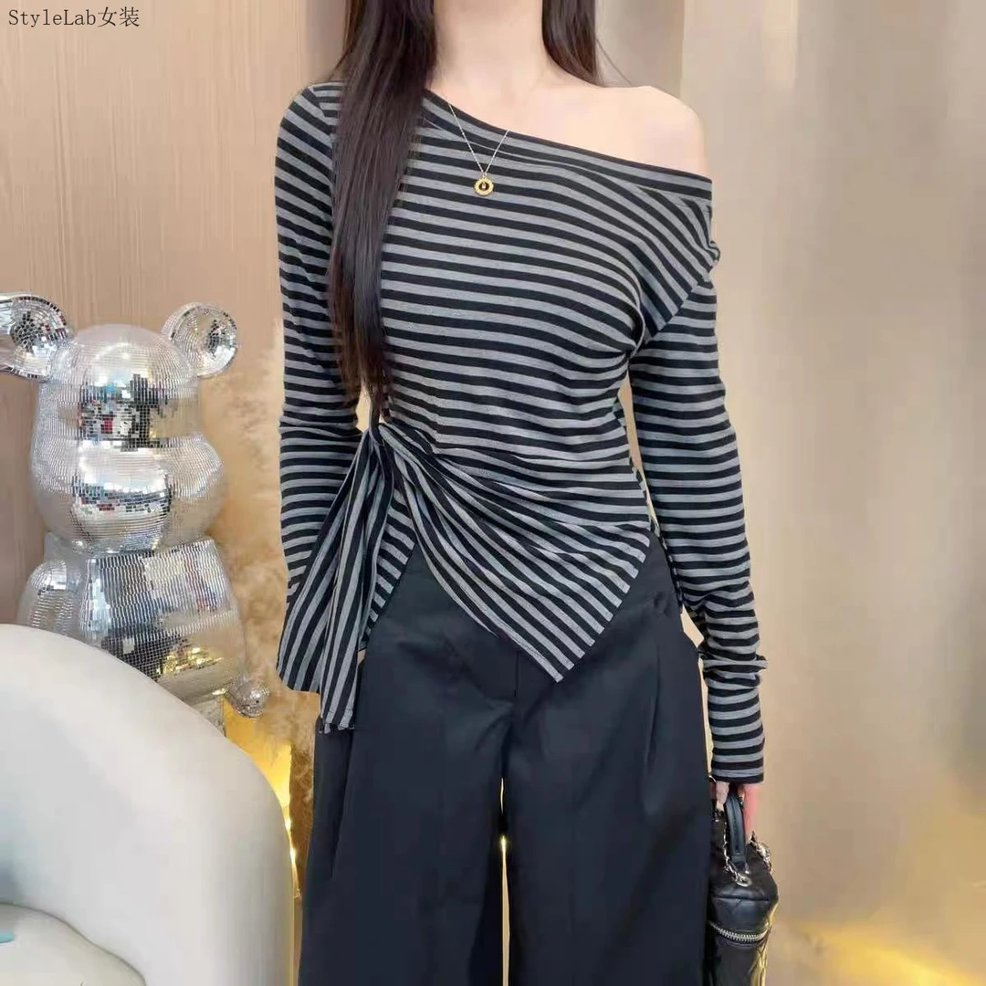 2025早秋新款韩系下摆不规则开叉收腰设计感显瘦百搭斜肩长袖T恤