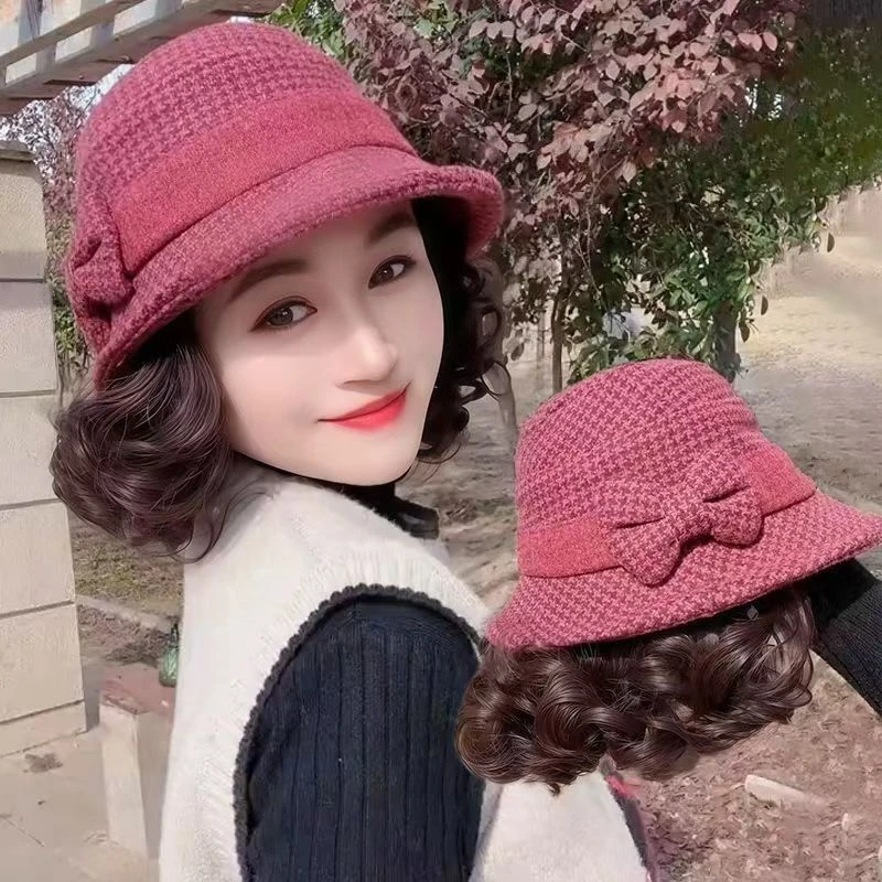 【不七】假发女秋冬中老年妈妈帽子渔夫盆帽时尚短卷发仿真发 套装