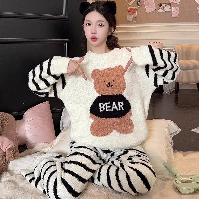 女秋冬软绵绵韩条纹小熊保暖加绒加厚可外穿长款睡衣家居服睡袍冬