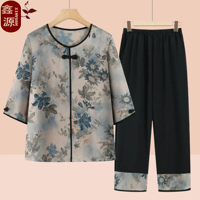 奶奶装2025新款夏季老太太夏装套装冰丝短袖中老年人女妈妈衣服薄