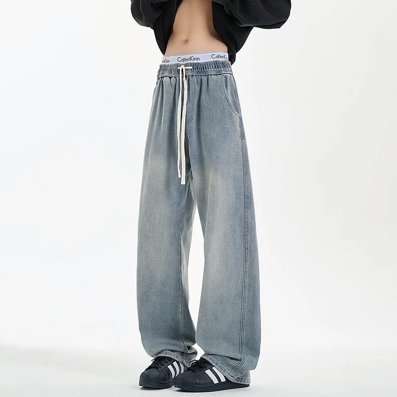 浅蓝色松紧腰抽绳牛仔裤男士2025秋季新款高级感美式阔腿弯刀裤子