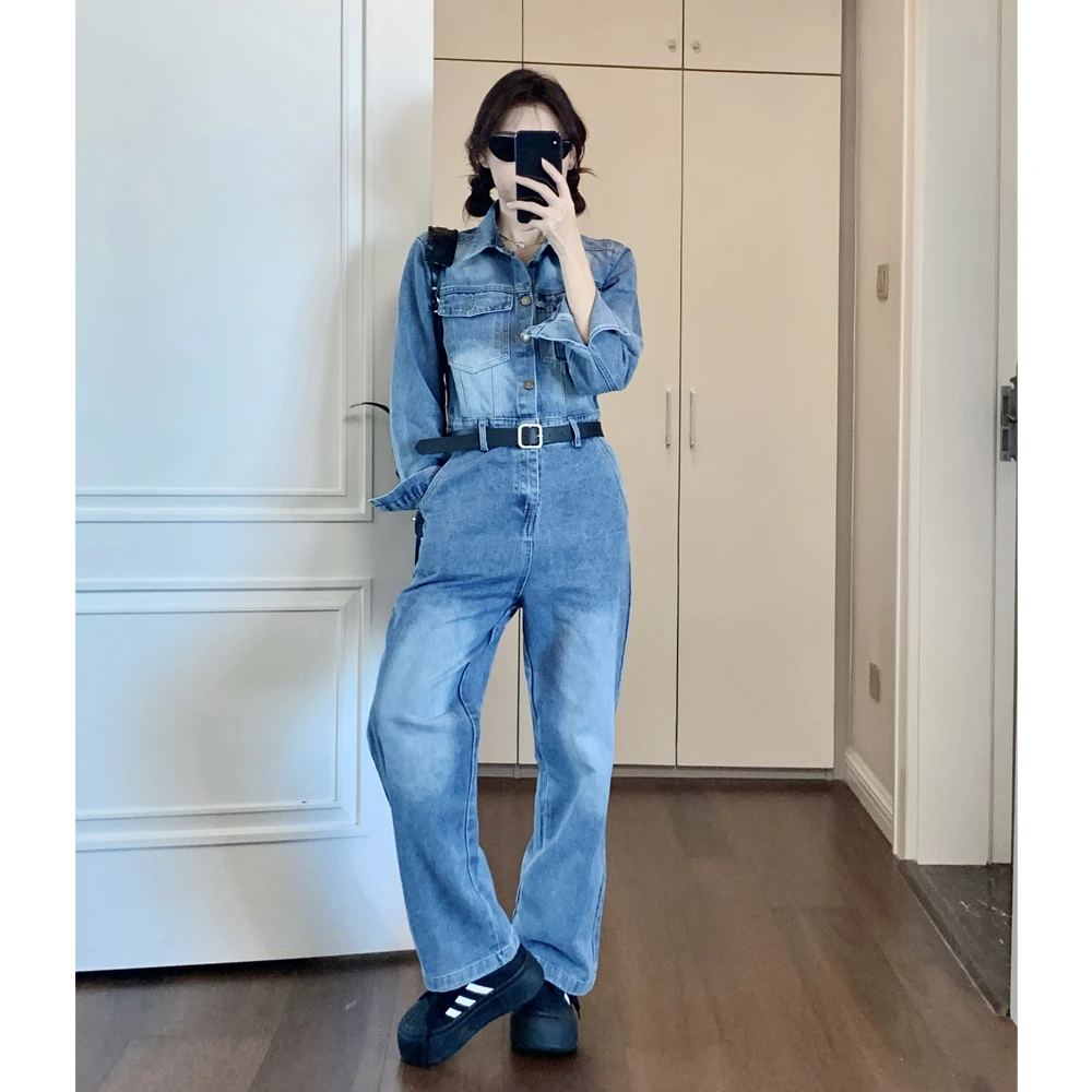 2025春装新款单排扣牛仔连体裤女工装高级感阔腿裤一体式连身裤