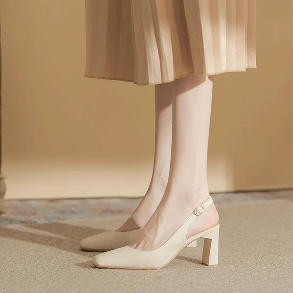 万达撤柜白色高跟鞋女粗跟气质软皮工作鞋单鞋7CM中跟后空凉鞋女.