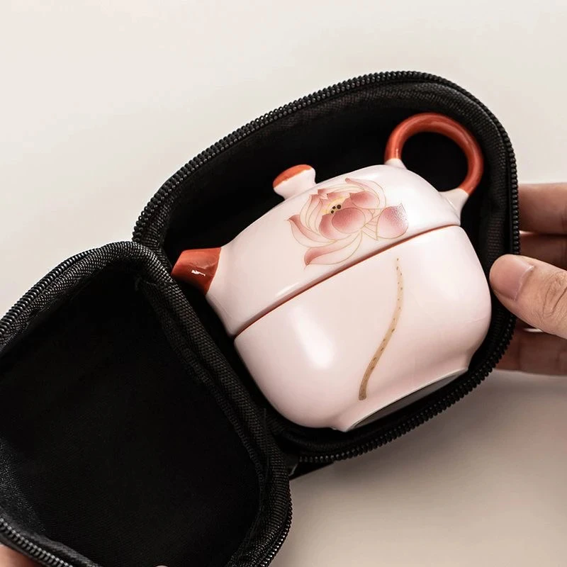 粉汝窑一壶一杯便携式单人旅行茶具小套装一人户外简易陶瓷泡茶器