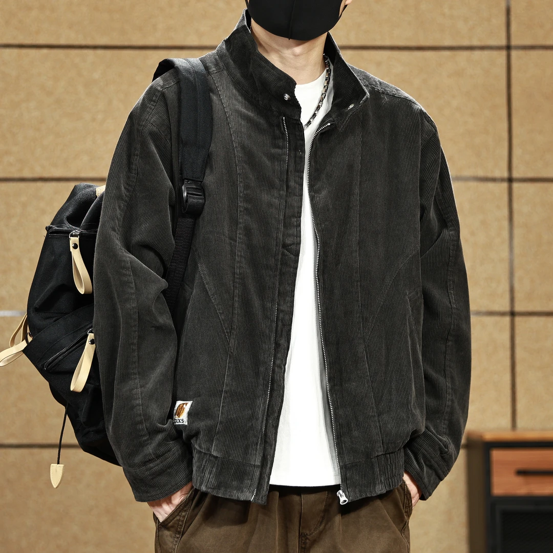 高端美式复古灯芯绒肌理感夹克男士春秋新款哈灵顿休闲宽松外套男