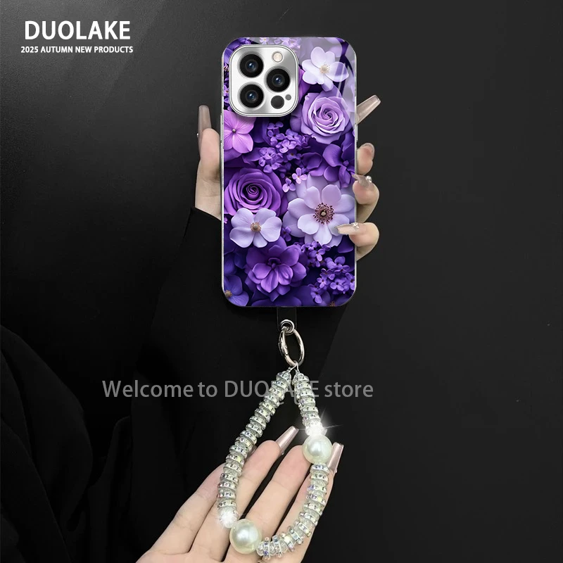 紫玫瑰花适用苹果vivo华为oppo小米iPhone17电镀玻璃防摔手机壳潮