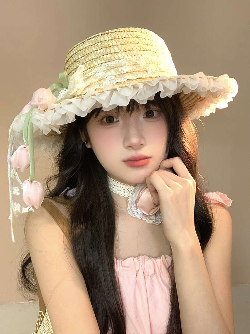 蕾丝蝴蝶结郁金香草帽女夏季海边沙滩度假太阳帽子防晒遮阳帽女士