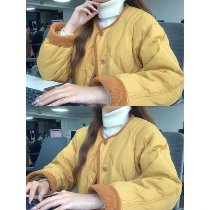 新款韩系穿搭感超好看小香风黄色棉服外套女款冬季