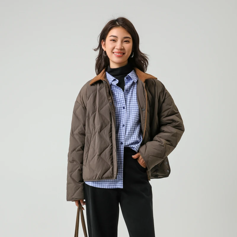 本依凡冬款拉链款短款羽绒服WSSYR0294拼接异色领女装95白鸭绒