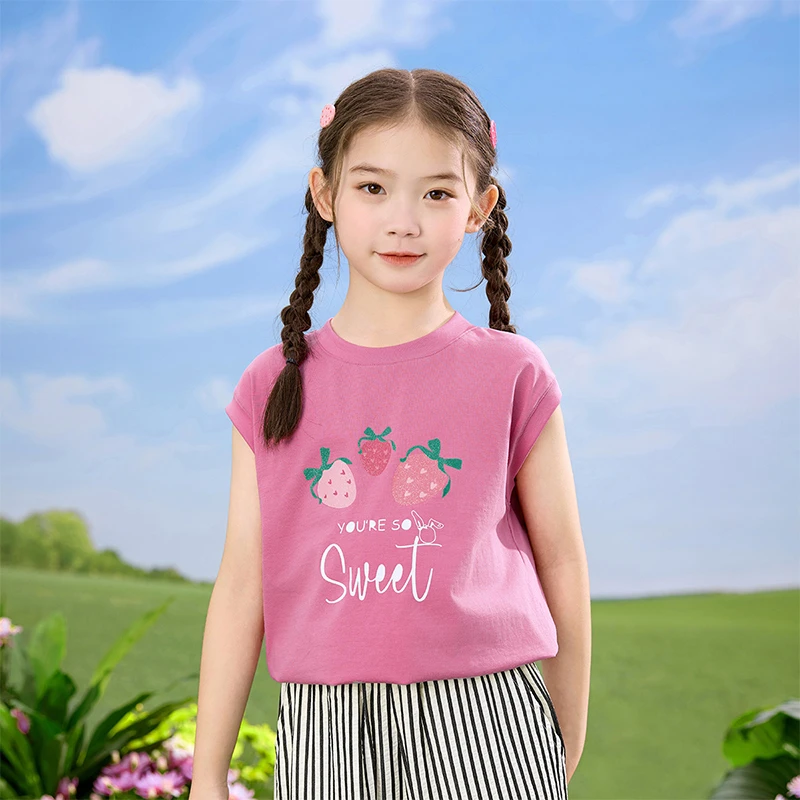 小茵曼女童无袖T恤草莓印花2025秋季新款儿童中大童上衣GF3852375