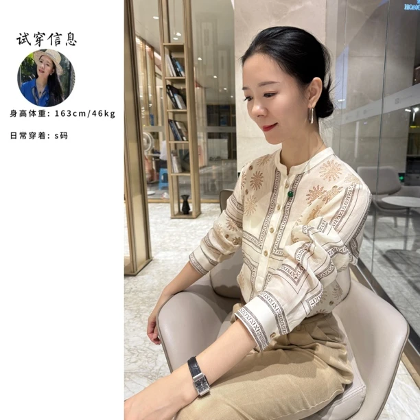 时尚定位印花苎麻衬衣法式复古度假长袖衬衫百搭圆领女式休闲上衣
