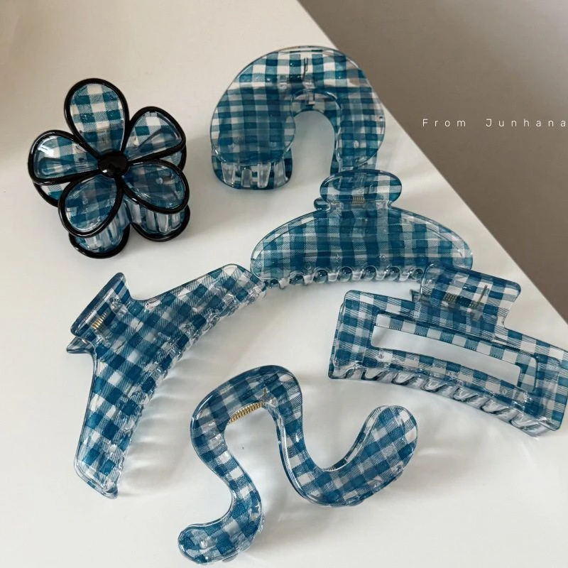 格纹系蓝色鲨鱼夹简约设计感头饰发饰女百搭气质款后脑勺盘