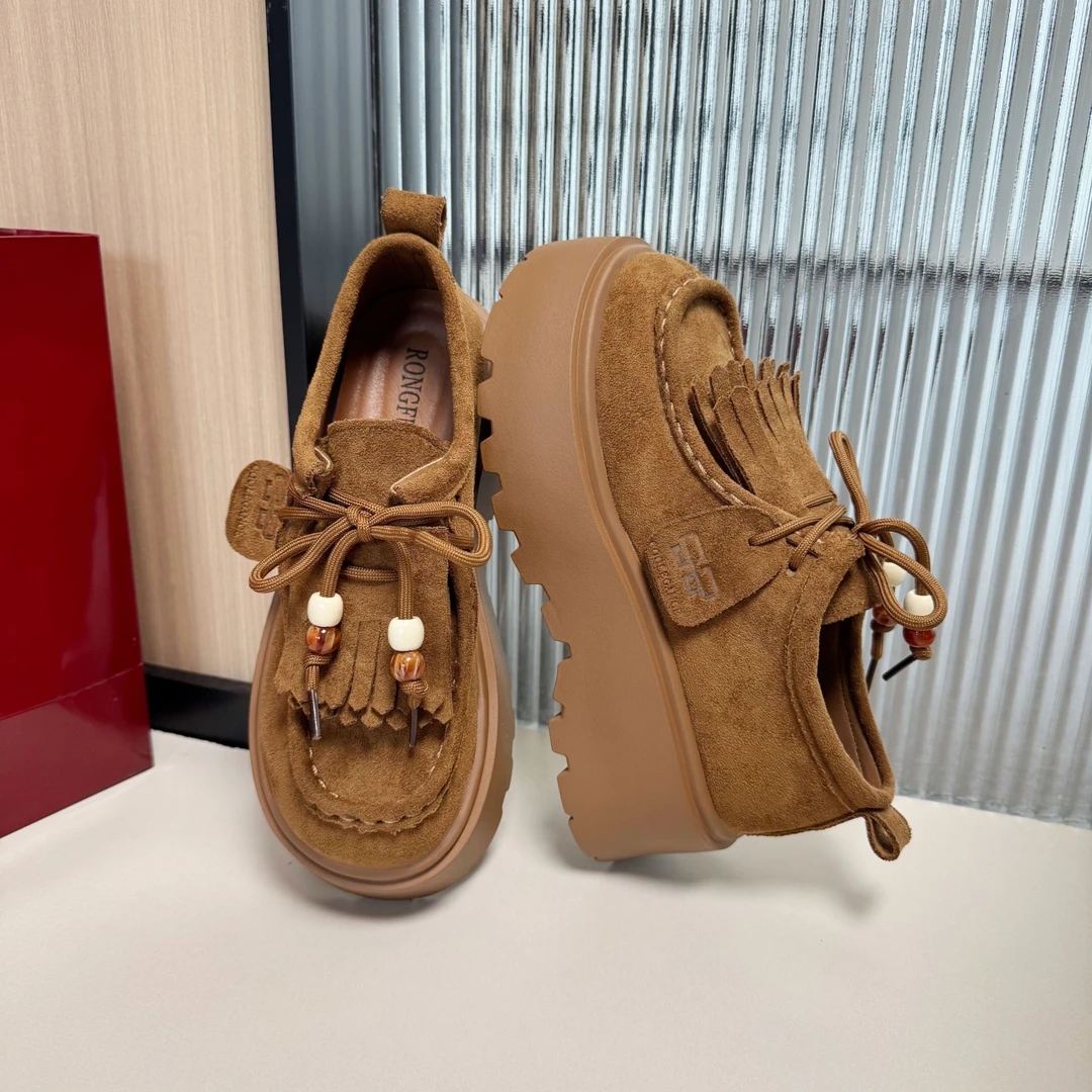 欧货2025秋季新款女鞋厚底松糕流苏系带休闲乐福鞋小个子勃肯单鞋