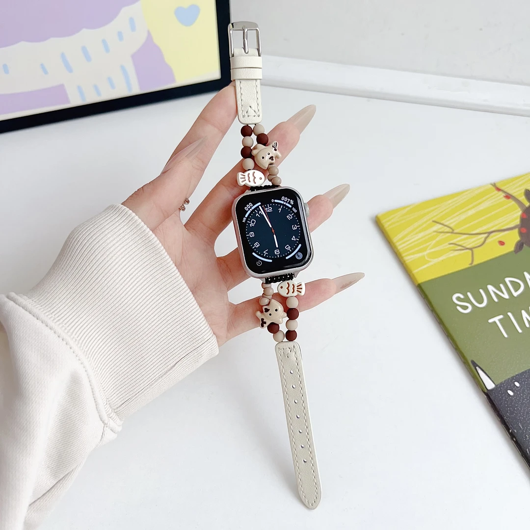 适用苹果手表11卡通奶油珠猫咪真皮小米手环10表带华为vivogt表带