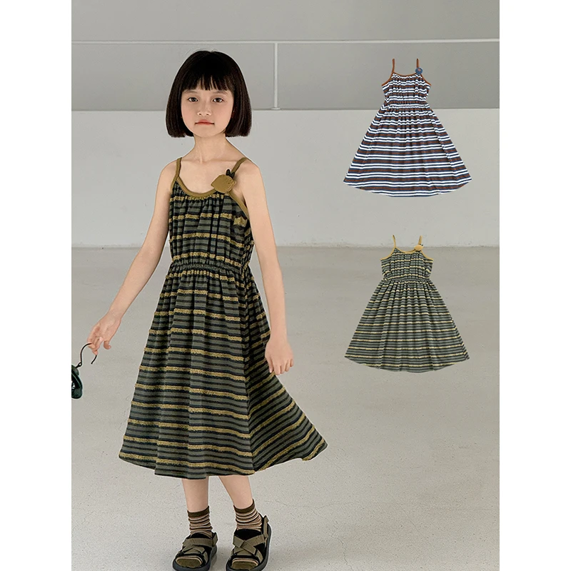 清 女大童复古密码细条纹连衣裙收腰立体玩偶针织吊带裙CD1325
