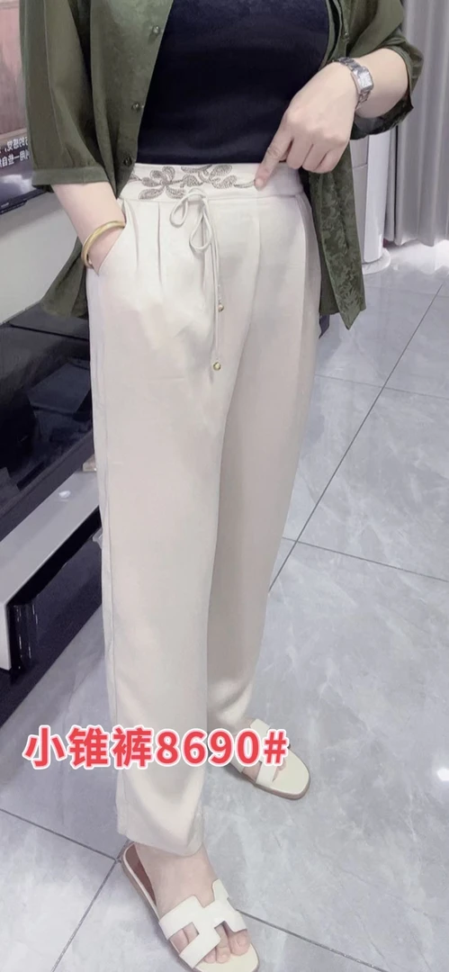 8690夏季刺绣休闲裤九分高腰显瘦裤子