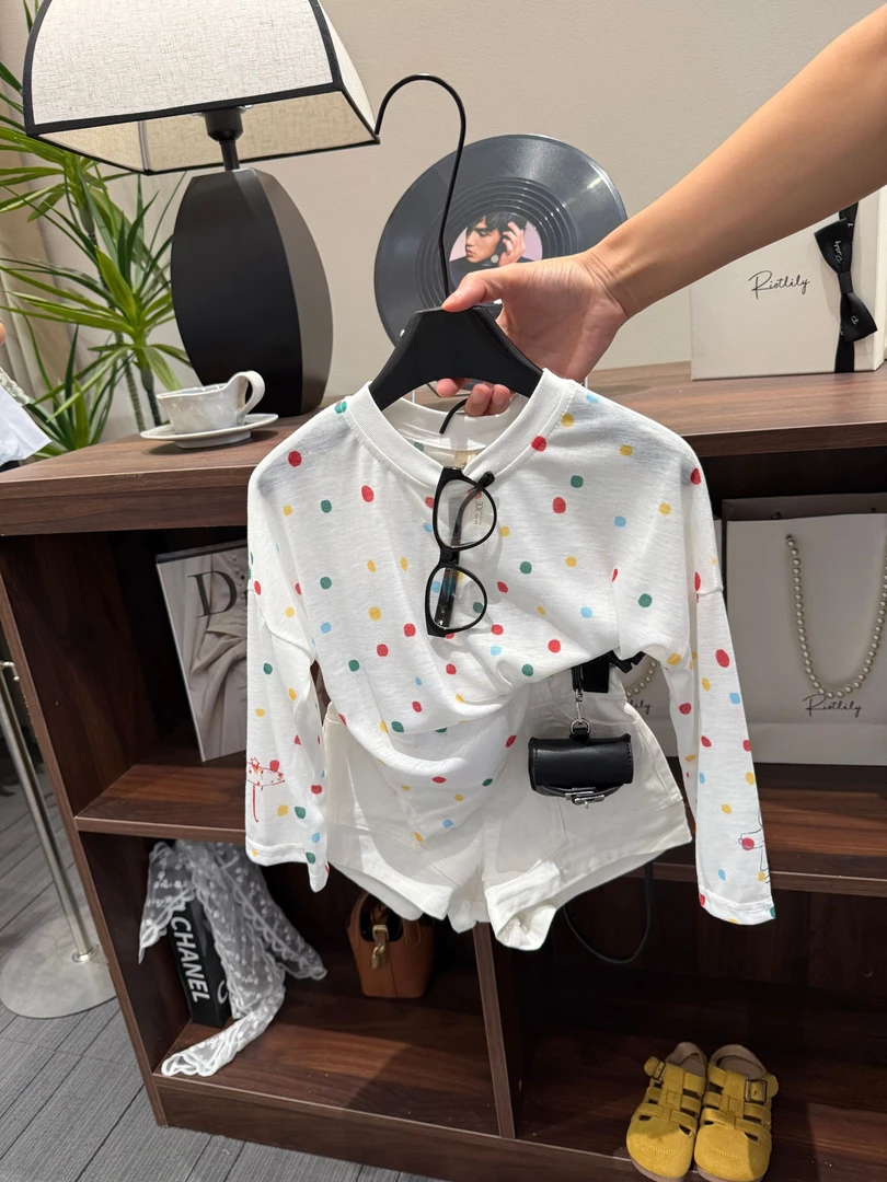 韩版童装女童夏装套装2025新款休闲彩色波点防晒罩衫上衣女宝秋装