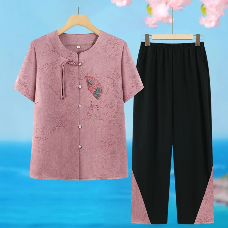中老年人女装夏季衬衫短袖老太太衣服奶奶洋气衬衣妈妈装套装薄款