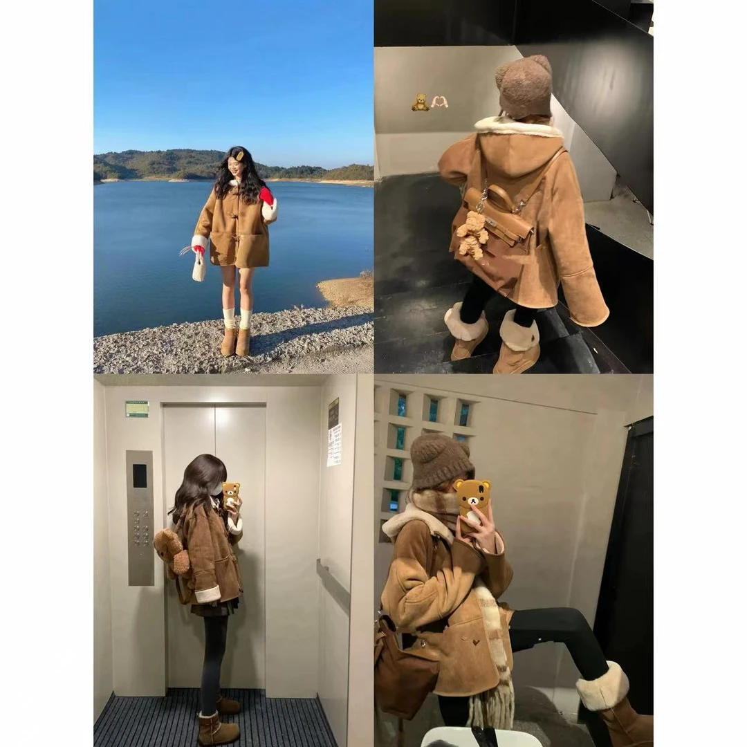 徐秋阳  伯爵暖茶 冬日慵懒感翻领牛角扣连帽短外套13935