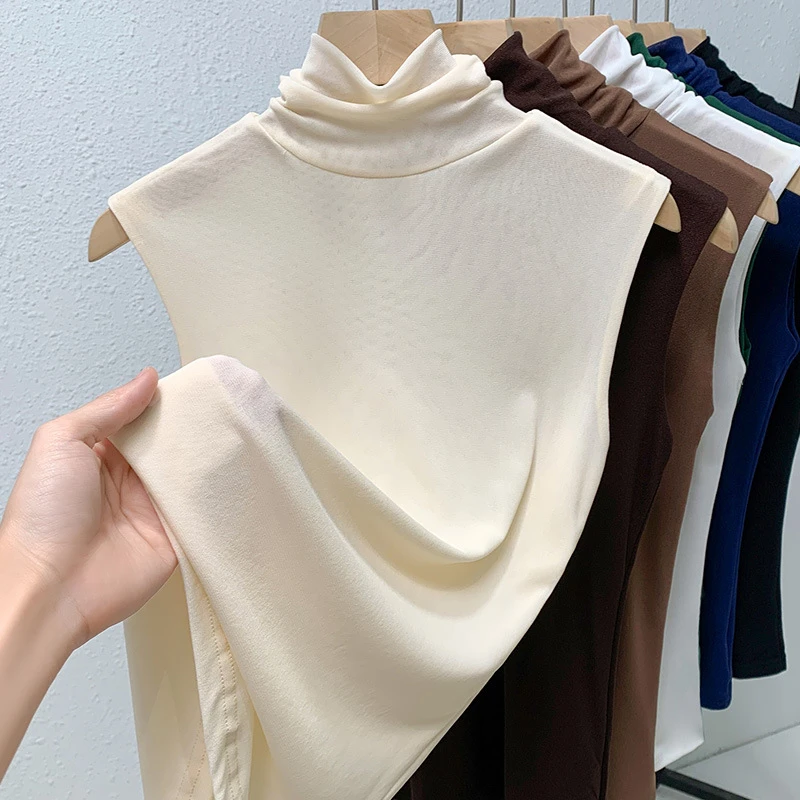 夏季新款女气质打底衫纯色弹力网纱高领收腰无袖百搭显瘦弹力上衣