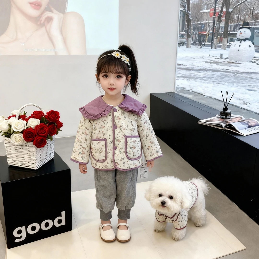 【芋泥啵啵】冬款加厚款紫领双兜碎花极简风女宝外套棉袄ZH-Q-D08